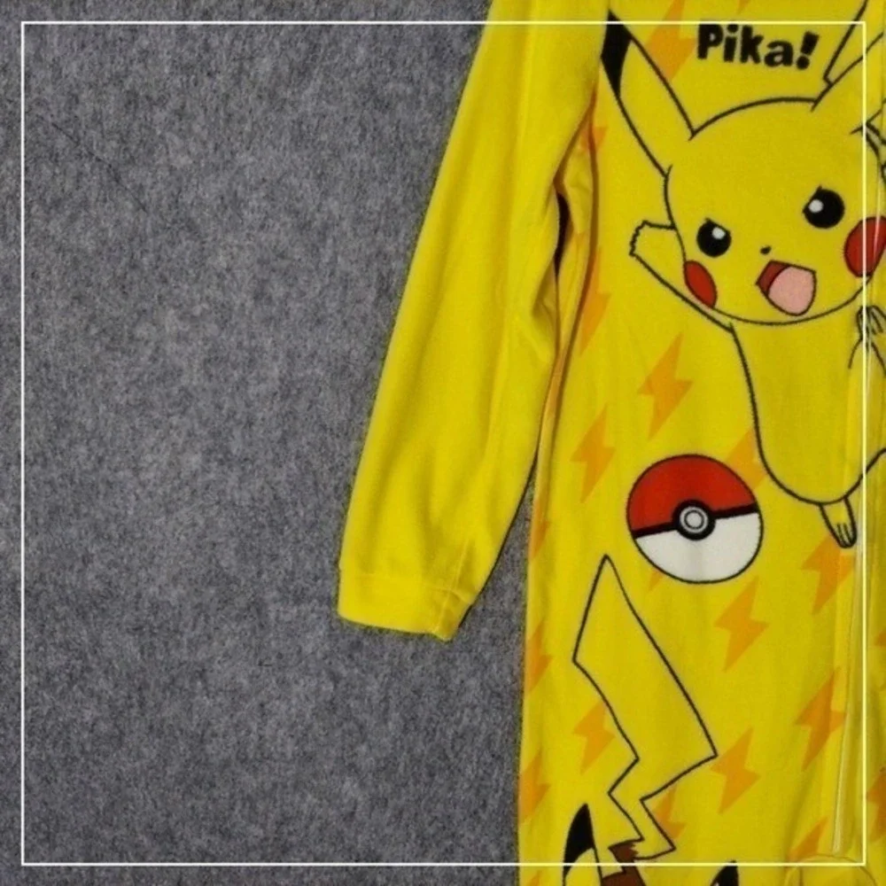 Pokemon Pajama Costume Kid L Pikachu Yellow Hooded Fleece One Piece Cosplay Suit